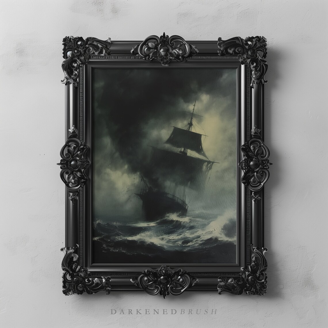Vintage Ship Sea Waves Painting, Moody Nautical Art Print