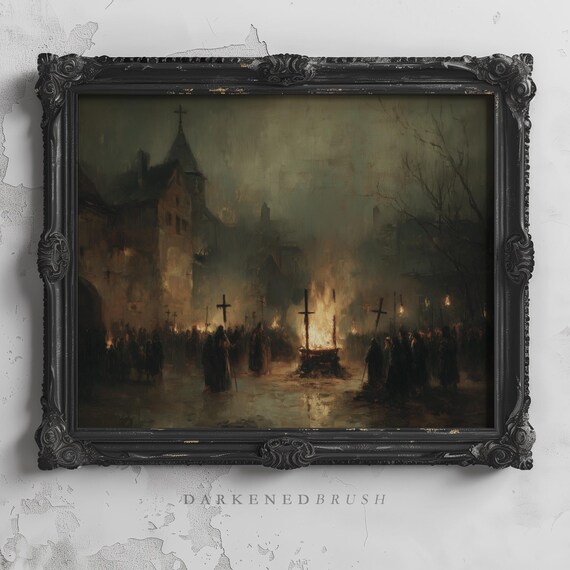 Crowd At Bonfire With Crosses In Gothic Village Square Dark Halloween Medieval Wall Art Witch Trial Landscape Oil Painting 204