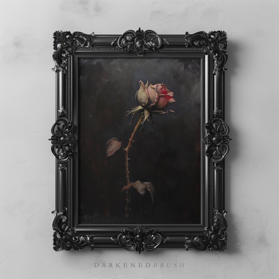 Red Rose Art Dried Flower Dead Flowers Gothic Wall Decor Dark Oil Painting Academia Botanical Prints Aesthetics