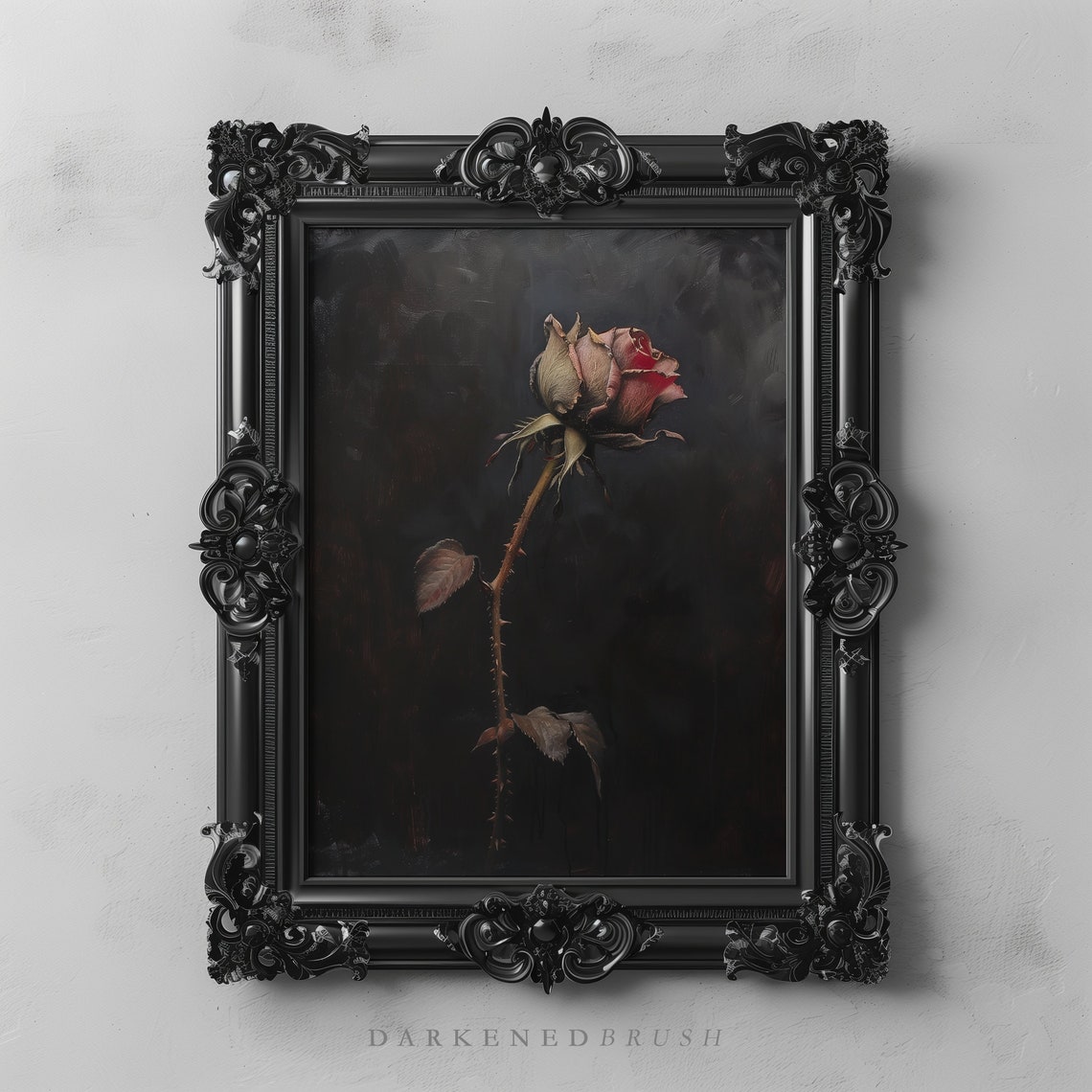 Fading Red Rose Single Stem Dark Gothic Moody Floral Wall Art
