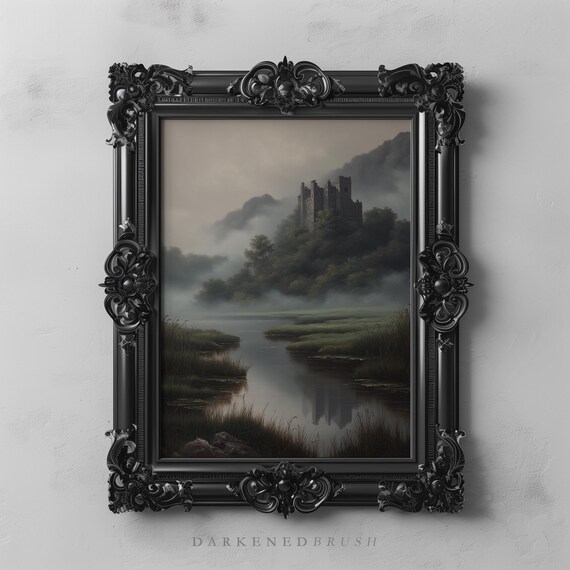 Misty Medieval Fantasy Castle Landscape Wall Art Dark Romantic Gothic Nature Decor Academia Moody Fairytale