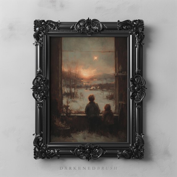 Two Children At Window Watching Winter Sunset Stars Art Poster