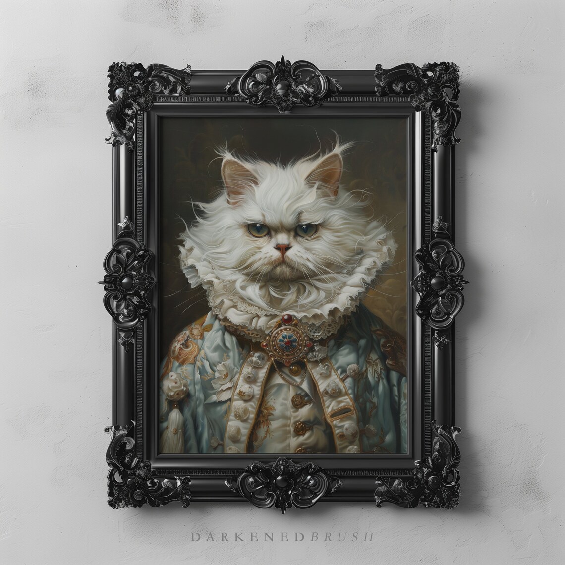 White Royal Cat Portrait Art Print, Victorian Regal Style