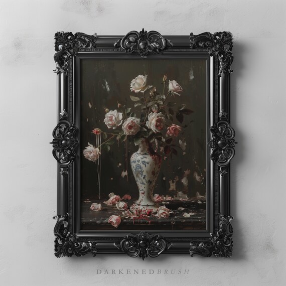 Rose Bouquet Dark Floral Botanical Wall Art Academia Decor Flower Oil Painting Moody Vintage Still Life Print
