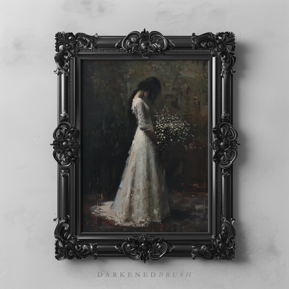 Dark Bride Woman With Flowers Art Print Antique Portrait Oil Painting Gothic Princess Floral Lady Witchy Moody Wall
