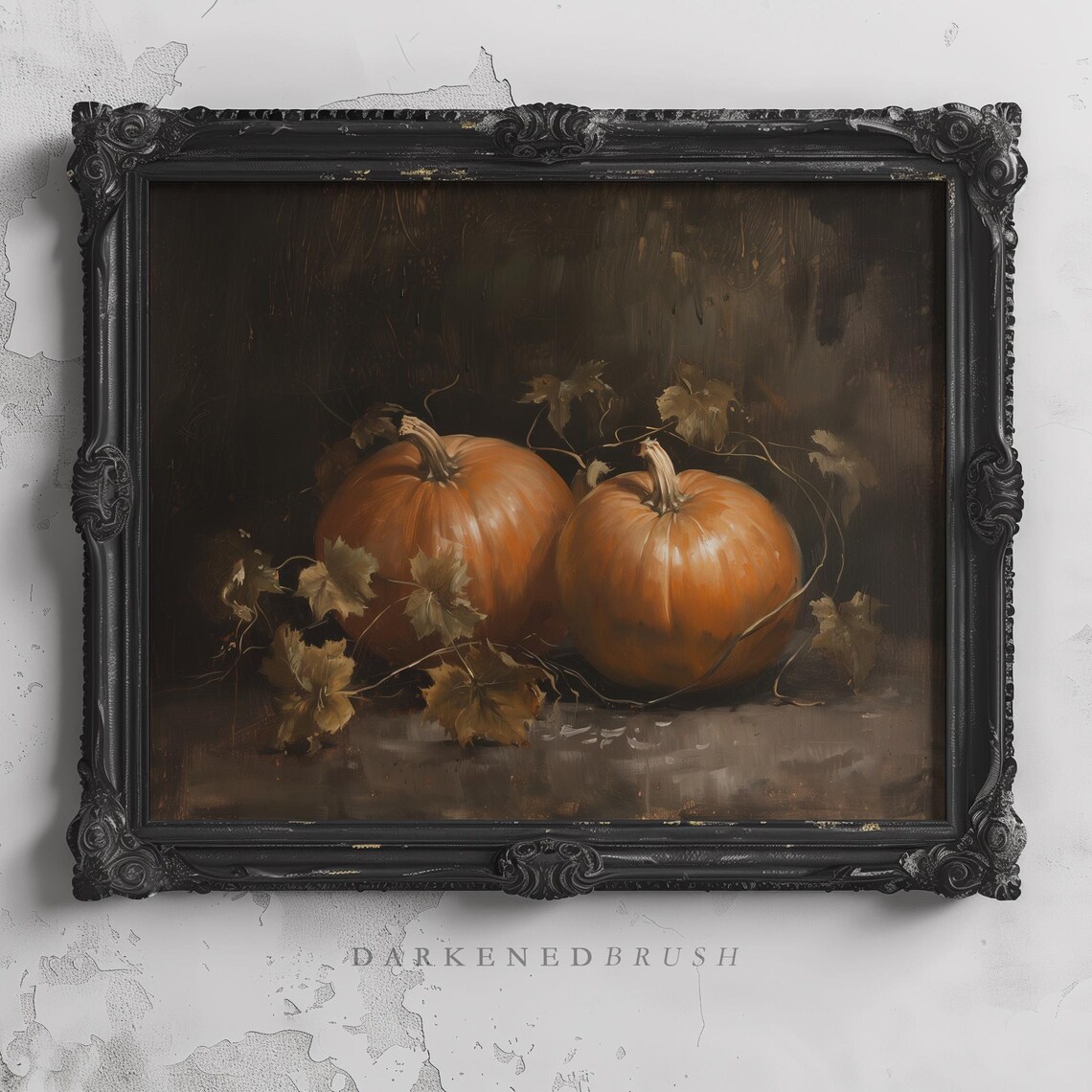 Rustic Fall Pumpkins Dark Moody Autumn Harvest Still Life Oil Print