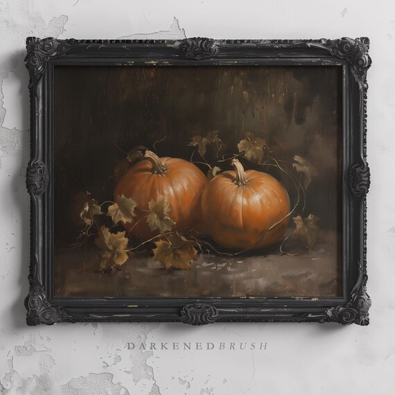 Rustic Fall Pumpkins Art Vintage Autumn Wall Decor Gothic Farmhouse Spooky Season Halloween Still Life Painting