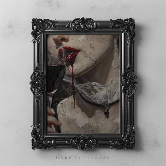 Gothic Victorian Woman Vampire Art Print, Dark Romance