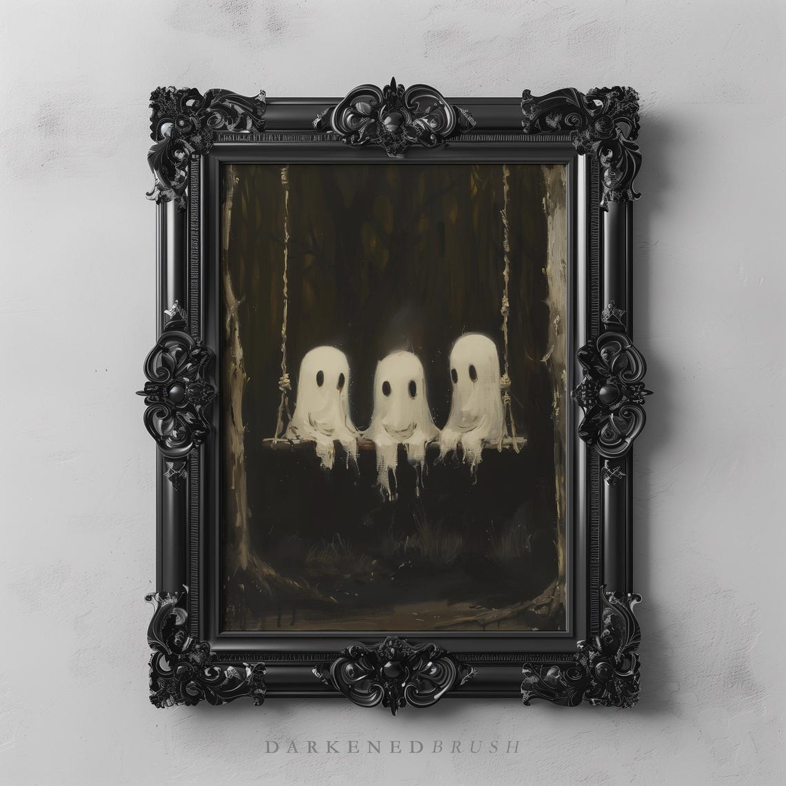 Three Cute Ghosts On A Swing Spooky Vintage Halloween Painting Poster