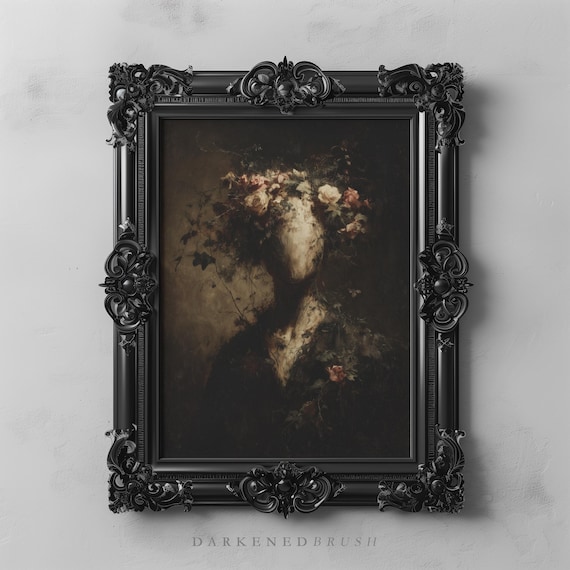Flower Crown On Faceless Mysterious Figure Vintage Gothic Romantic Botanical Floral Portrait Dark Surreal Wall Art 270