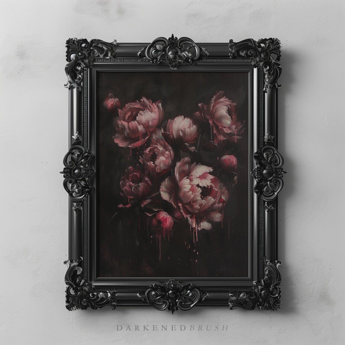 Pink Peonies Dark Flowers Art Print, Gothic Vintage Floral