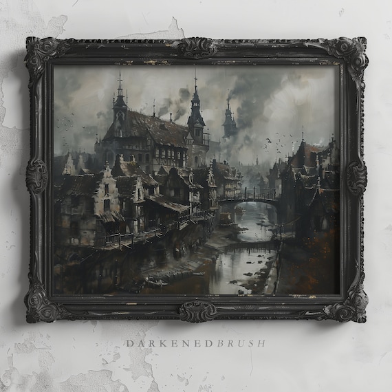 Dark Victorian Gothic Cityscape Art Print Antique Oil Painting Moody Rustic Wall Academia Decor Landscape