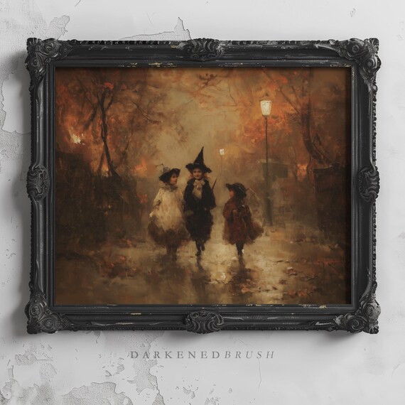 Victorian Witchy Children In Costumes Walking Through Foggy Autumn Park Gothic Vintage Halloween Art Decor 293