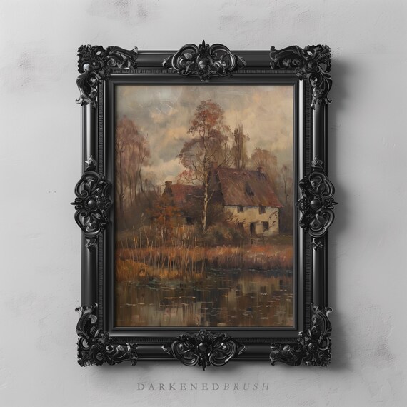 Vintage Fall Landscape Art Moody Countryside Autumn Print Rustic Antique Cottage Farmhouse Painting Wall Decor