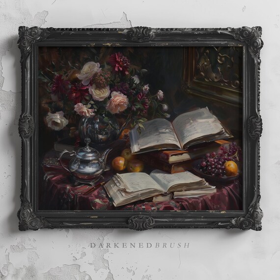 Books And Flowers Vintage Still Life Art Dark Academia Bookish Decor Romantic Gothic Victorian Wall Botanical Oil Painting
