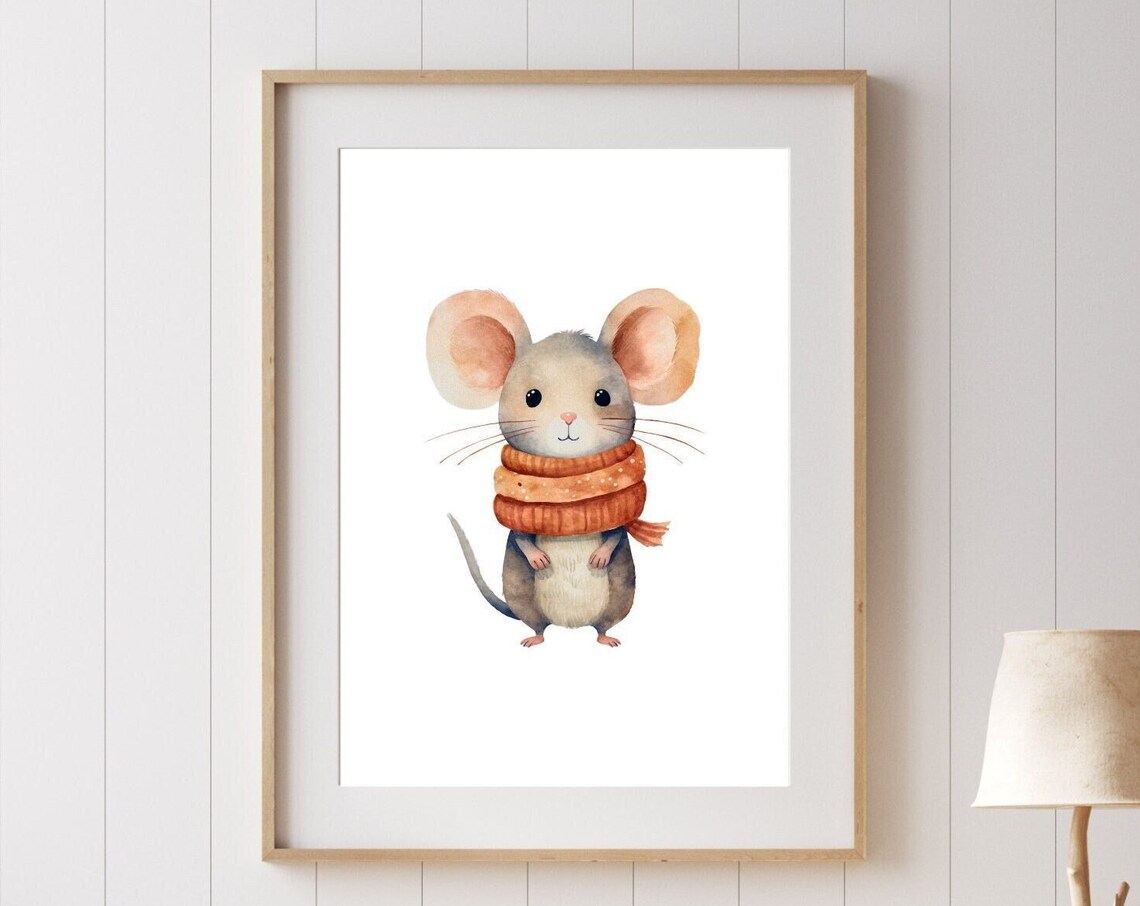 Cute Mouse Wearing Orange Knit Scarf Watercolor Winter Nursery Poster