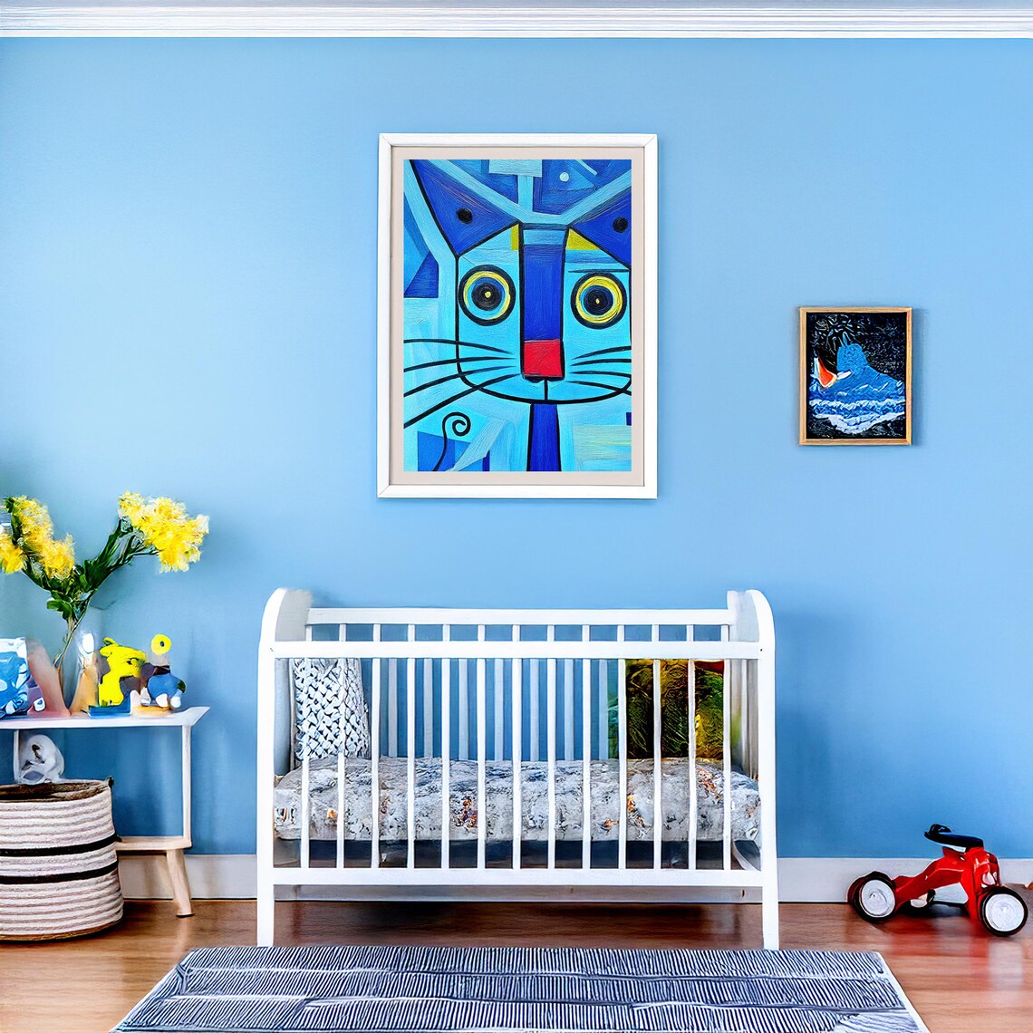 Blue Cubist Cat Face with Yellow Eyes Geometric Abstract Poster - Image 3
