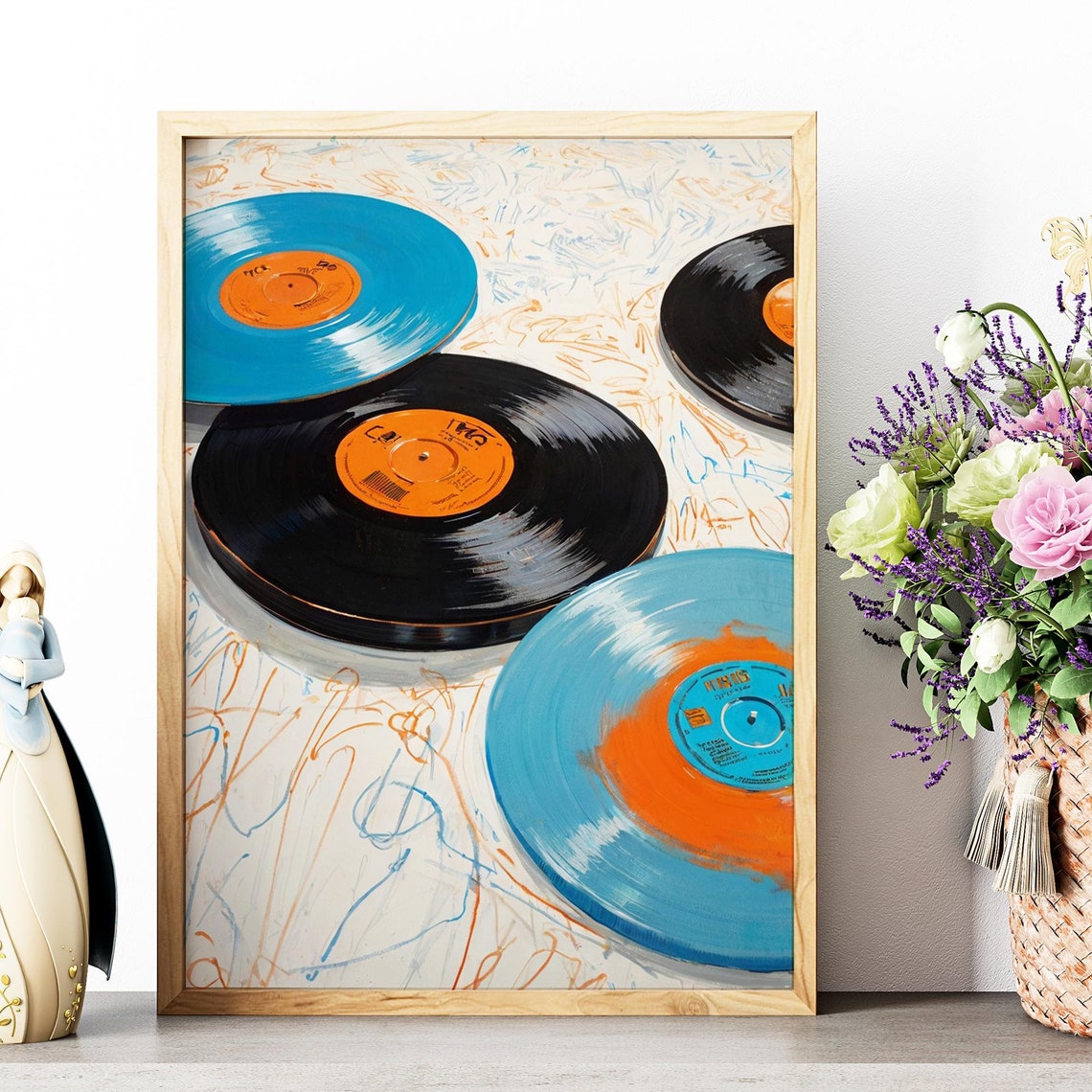 Blue Vinyl Records Painting Retro Music Room Eclectic Wall Art