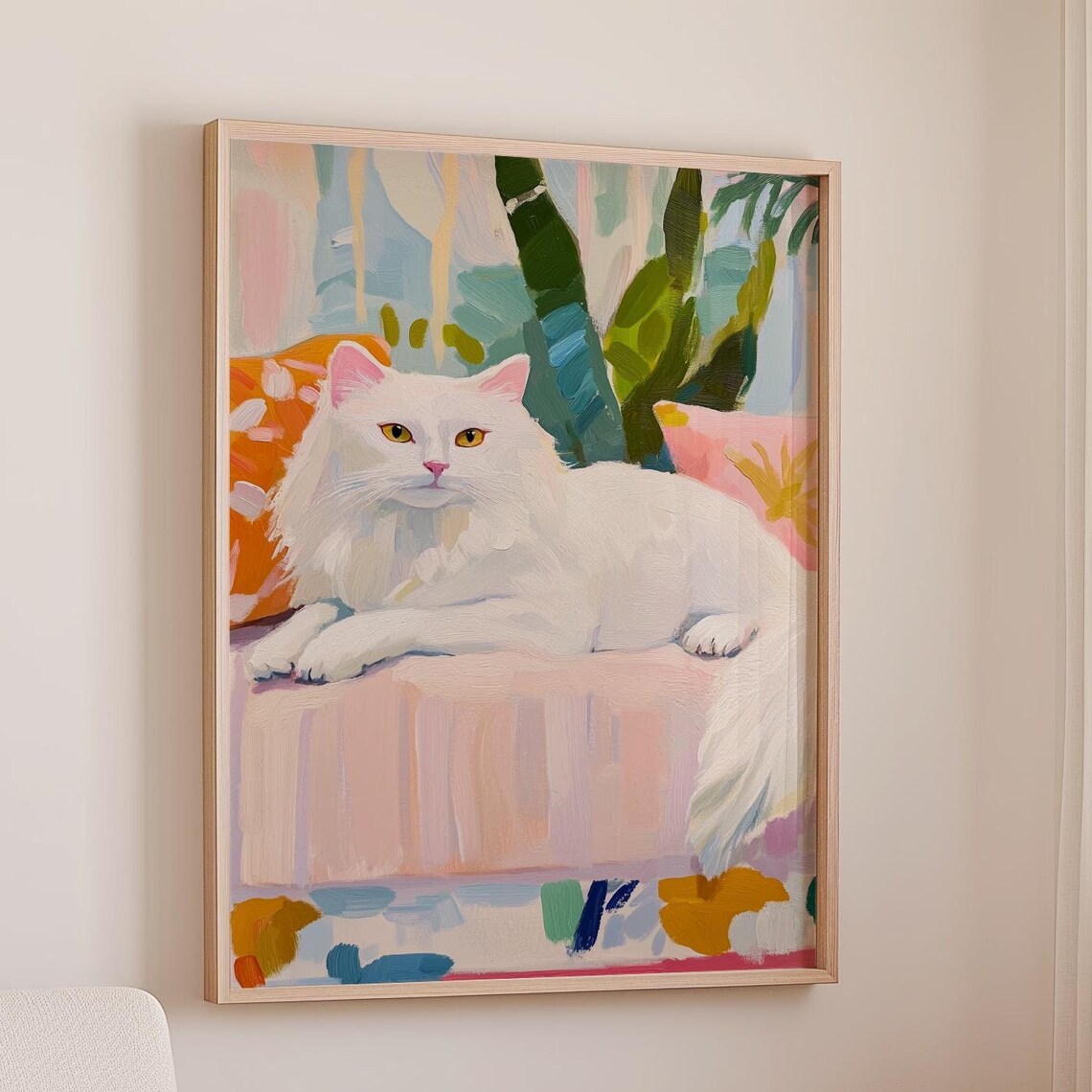 White Longhaired Cat On Colorful Couch Tropical Pastel Poster - Image 3