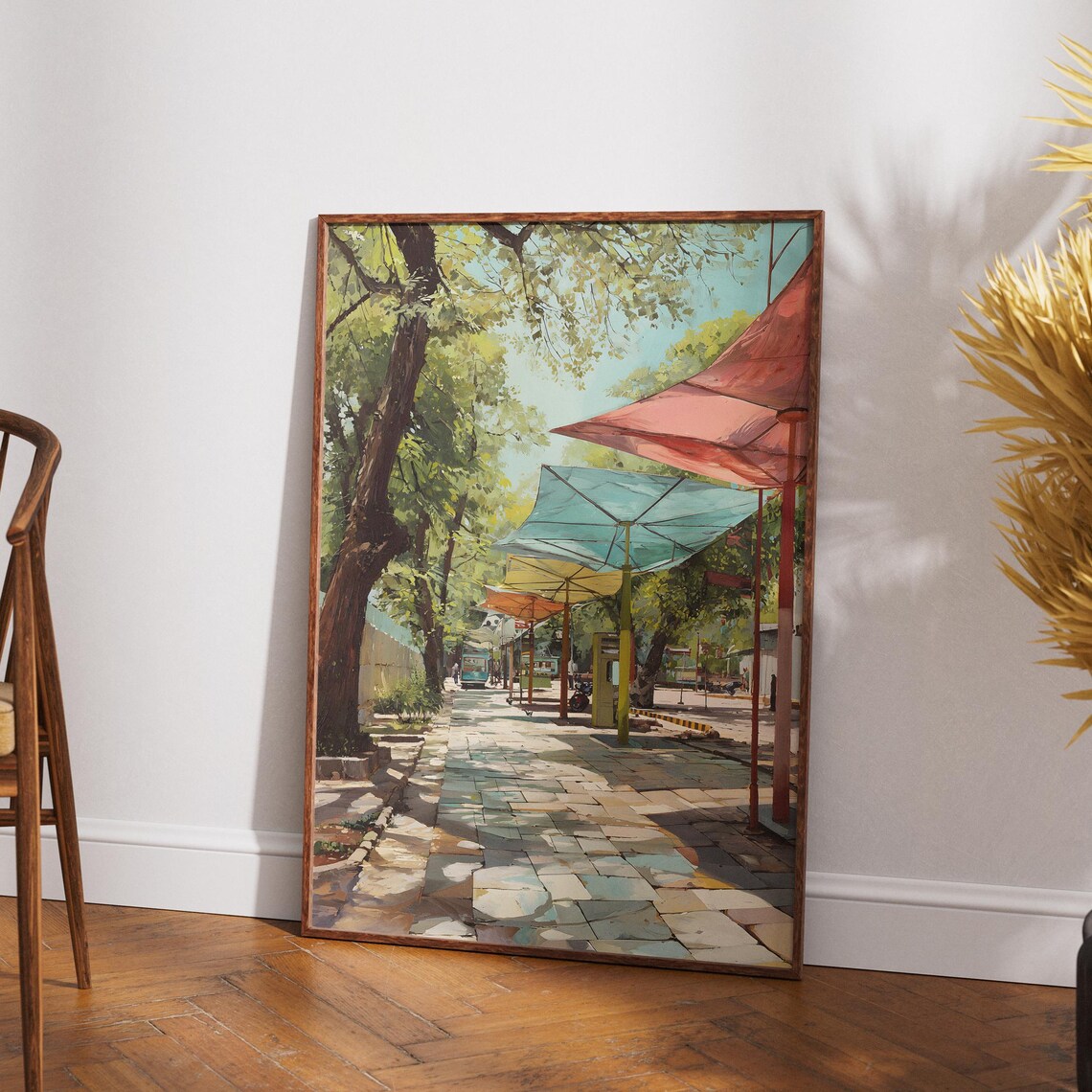 Hyderabad Street Scene Painting Vibrant City Art Colorful Market Umbrellas Urban Impressionist Print