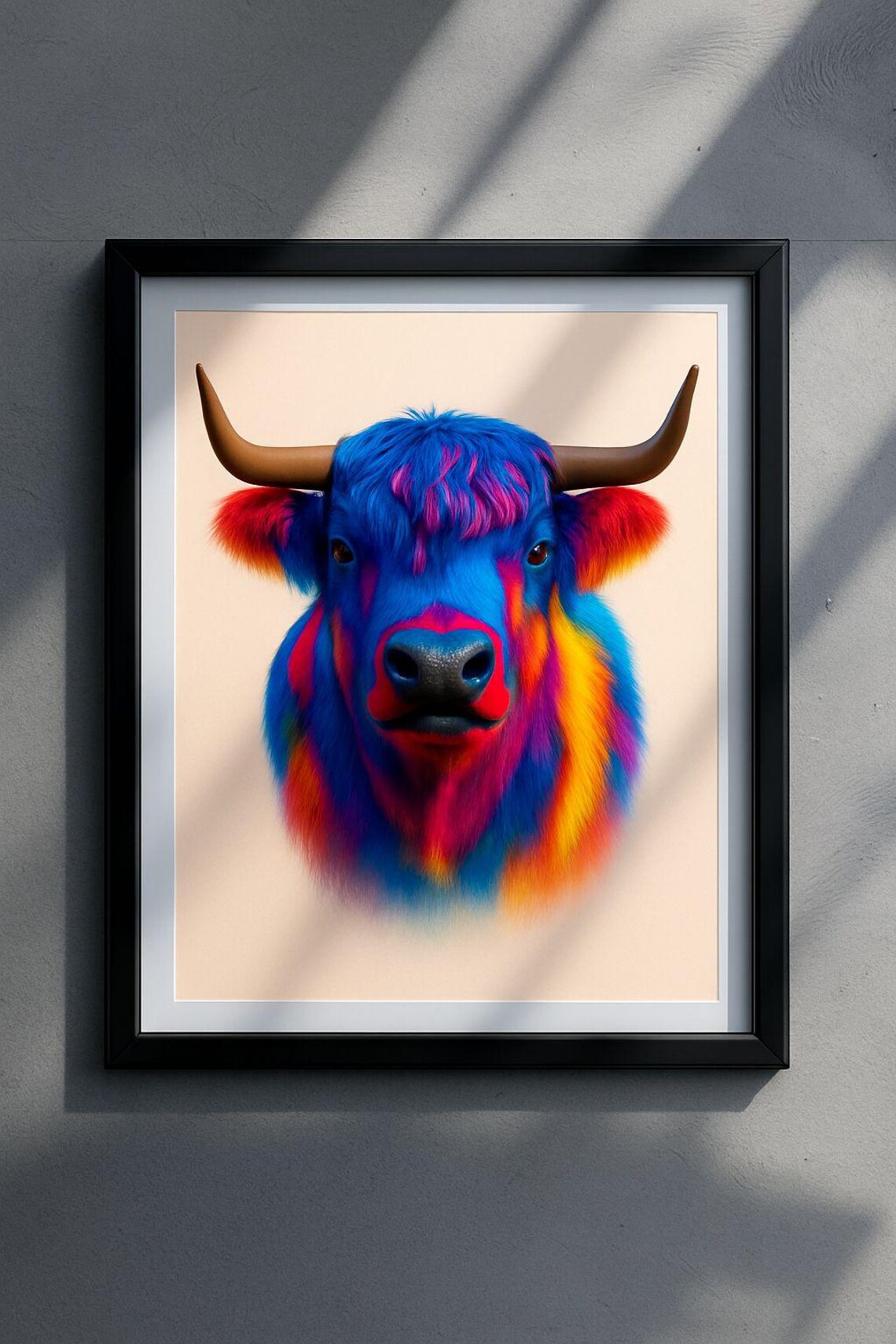 Rainbow Highland Cow Portrait Colorful Farm Animal Head Art Poster