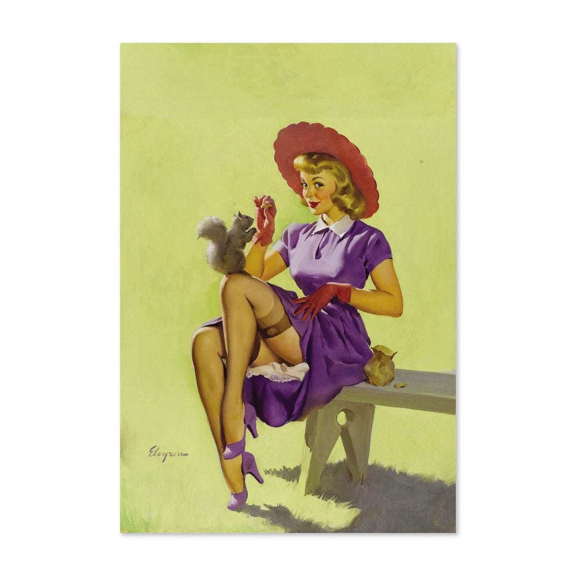 Gil Elvgren 1951 Making Friends Squirrel Park Pin Up Girl Poster
