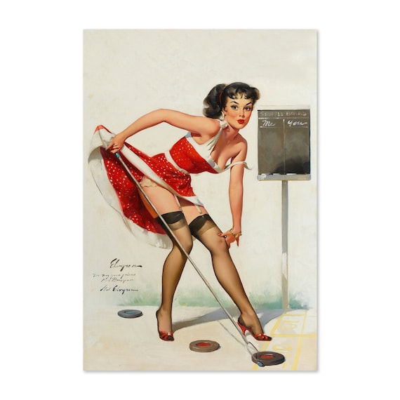 Vintage Elvgren Shuffleboard Pin Up Girl Red Dress Art Poster