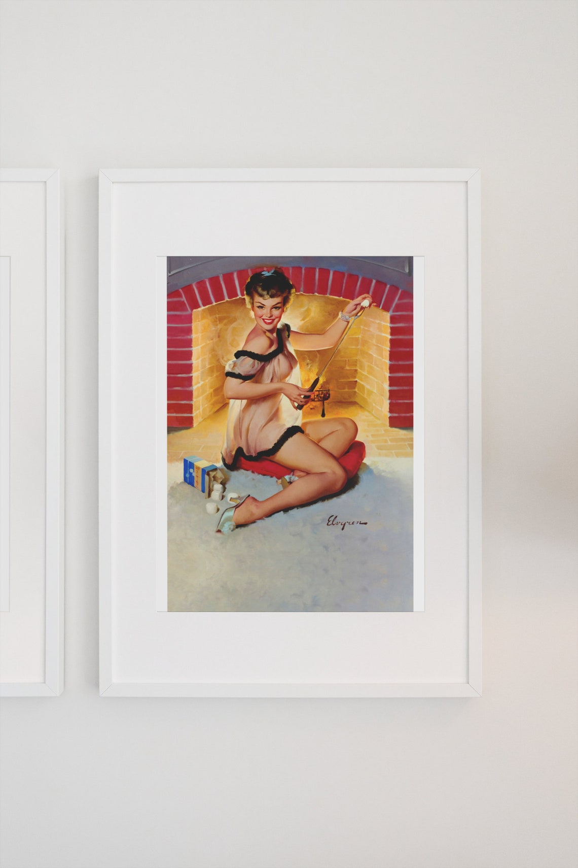Elvgren Pin Up Girl Roasting Marshmallows by Fireplace Poster - Image 3