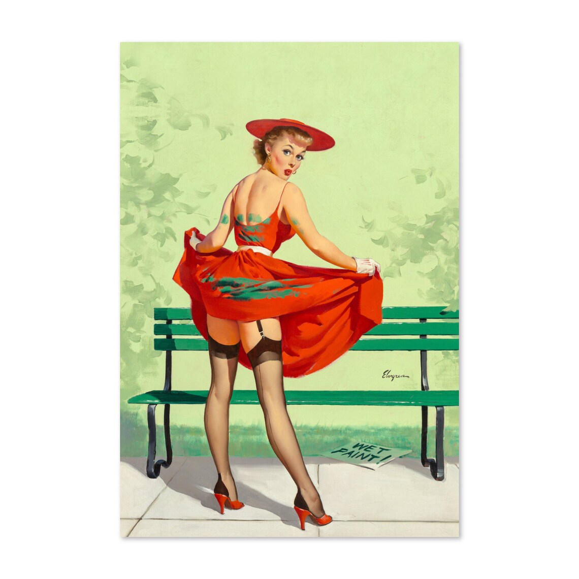 Elvgren Pin Up Girl Wet Paint Bench Red Dress Vintage Art Poster