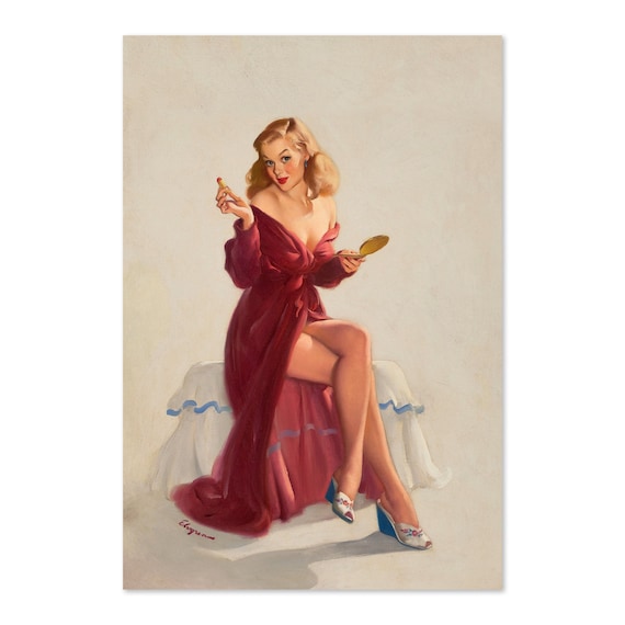Gil Elvgren Lipstick Mirror Vintage Red Robe Retro Pinup Poster