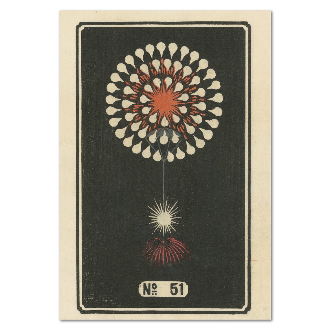 Japanese Vintage Fireworks No 51 Chrysanthemum Woodblock Poster