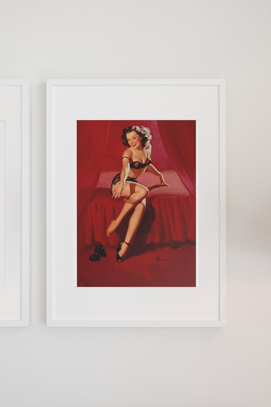 Gil Elvgren Im Not Shy Red Lingerie Bedroom Pinup Art Poster - Image 3