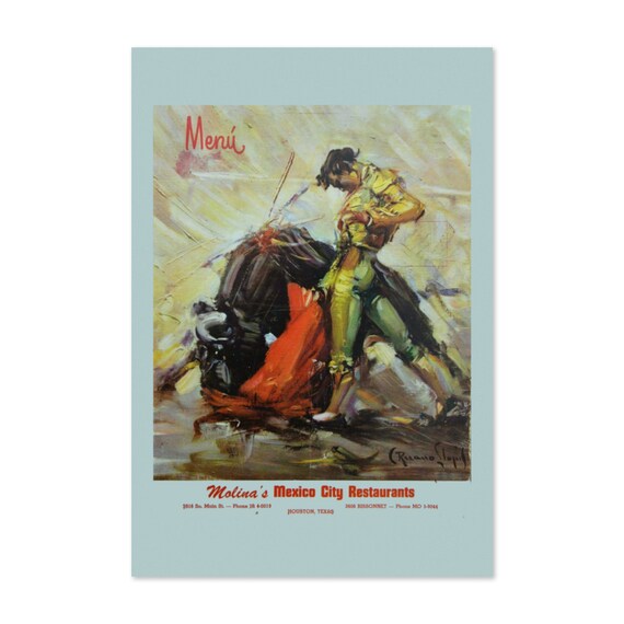 Molinas Mexico City Restaurants Menu Cover Bullfighter Vintage Print