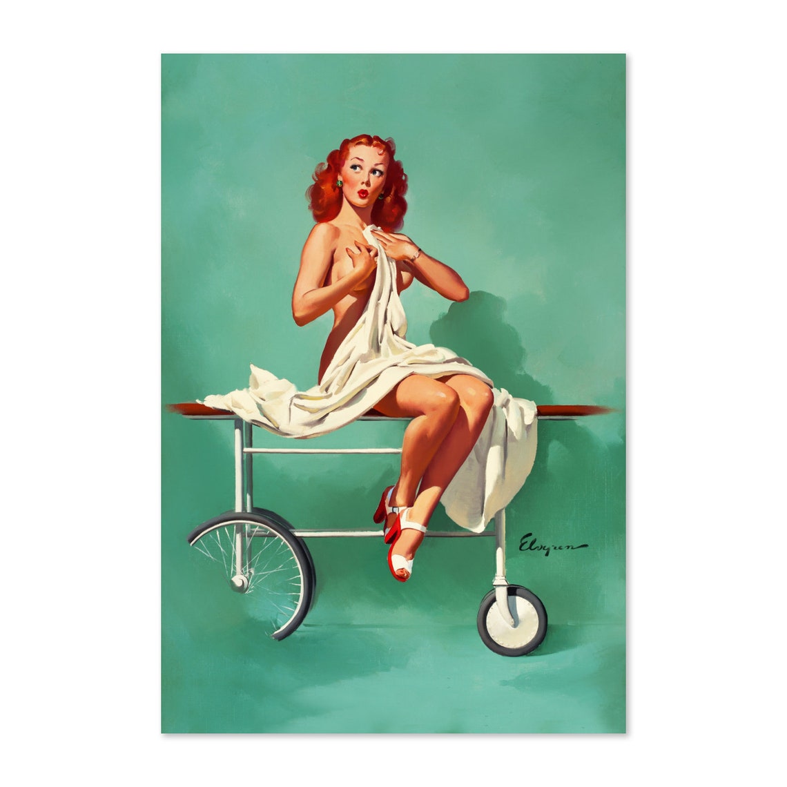 Gil Elvgren Bedside Manner 1960s Redhead Clinic Pin Up Girl Poster