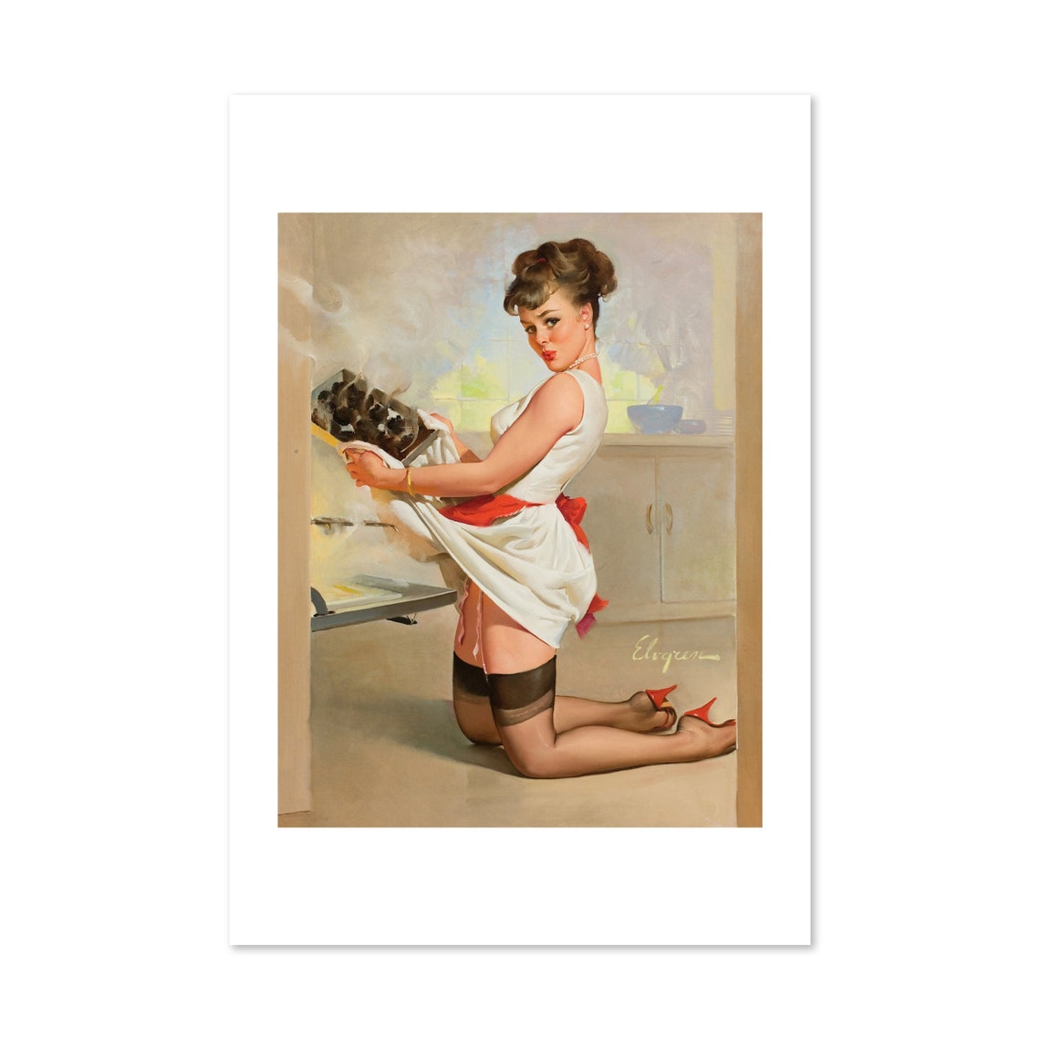 Elvgren Pin Up Girl Burnt Baking Tray Kitchen Mishap Vintage Poster