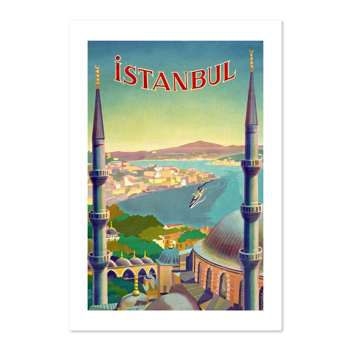 Istanbul Grand Mosque Minarets Golden Horn Vintage Travel Poster