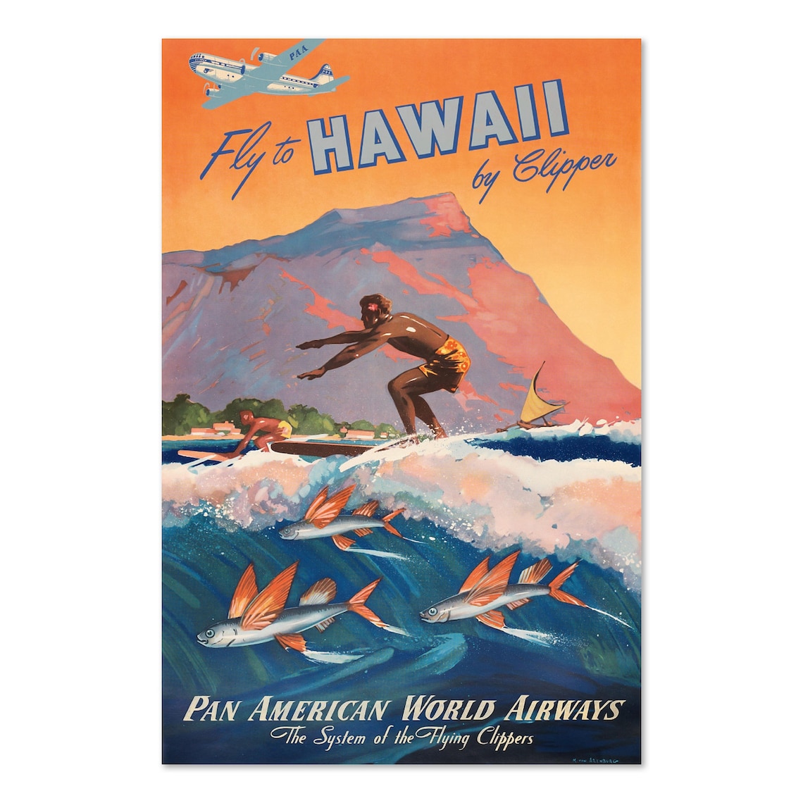 Fly To Hawaii 1940s Vintage Surfing Travel Poster