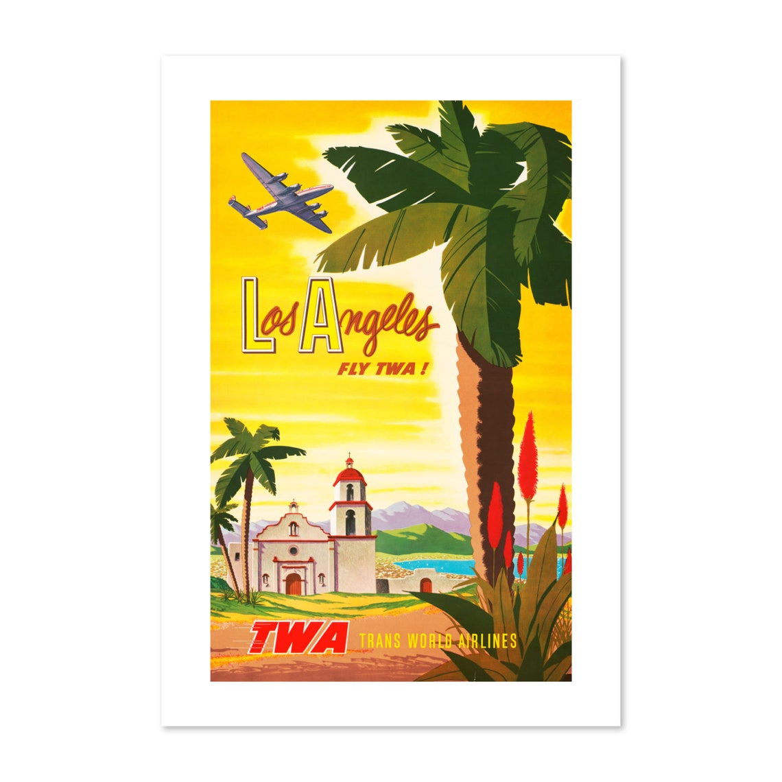 Los Angeles Fly TWA Trans World Airlines Mission Vintage Travel Poster