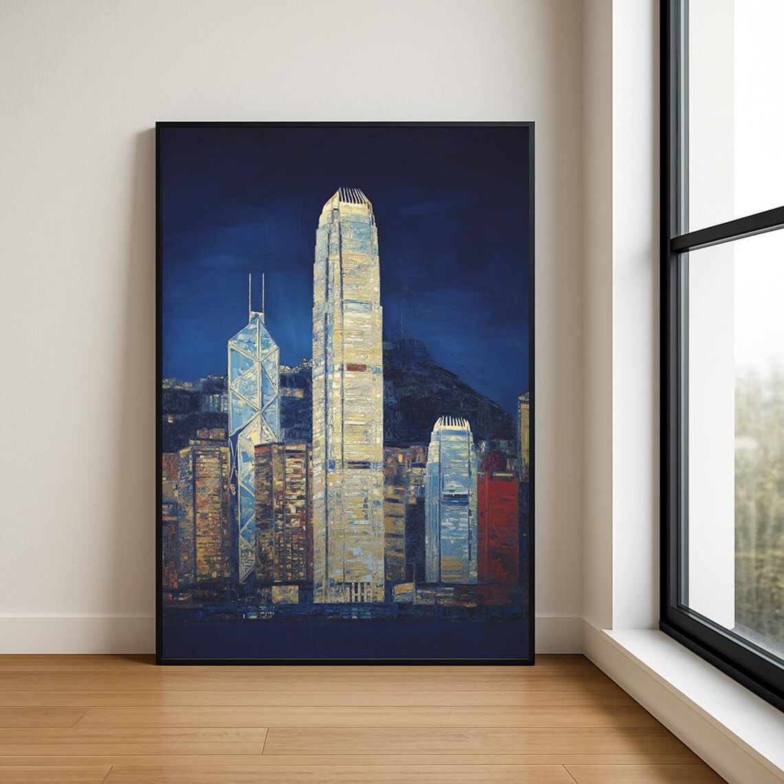 Hong Kong Skyline Night Oil Painting Deep Blue Harbour Towers Poster