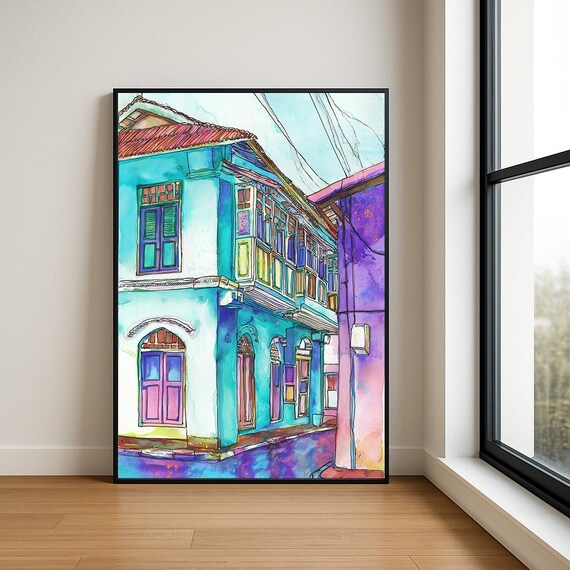 Vibrant Teal Colonial Shophouses Street Corner Watercolor Poster