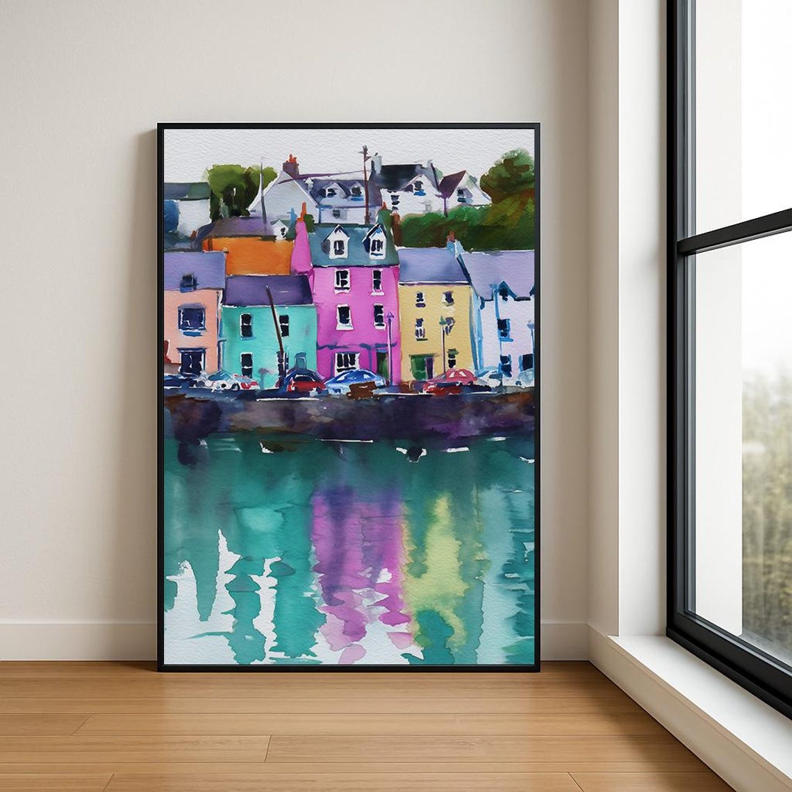 Colorful Harbor Town Pink Buildings Water Reflection Watercolor Poster