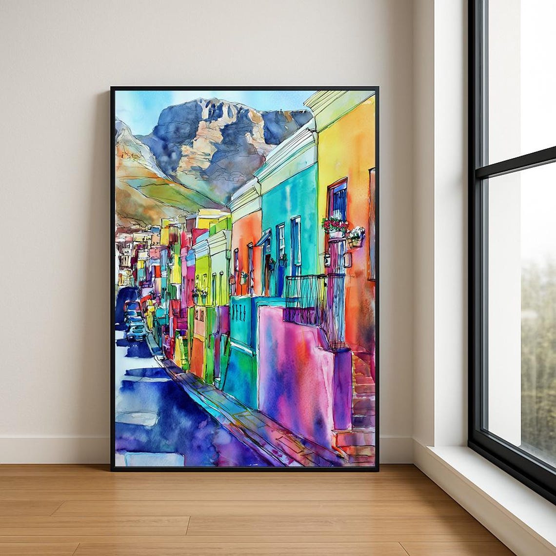 Bo-Kaap Cape Town Rainbow Street Table Mountain Watercolor Poster