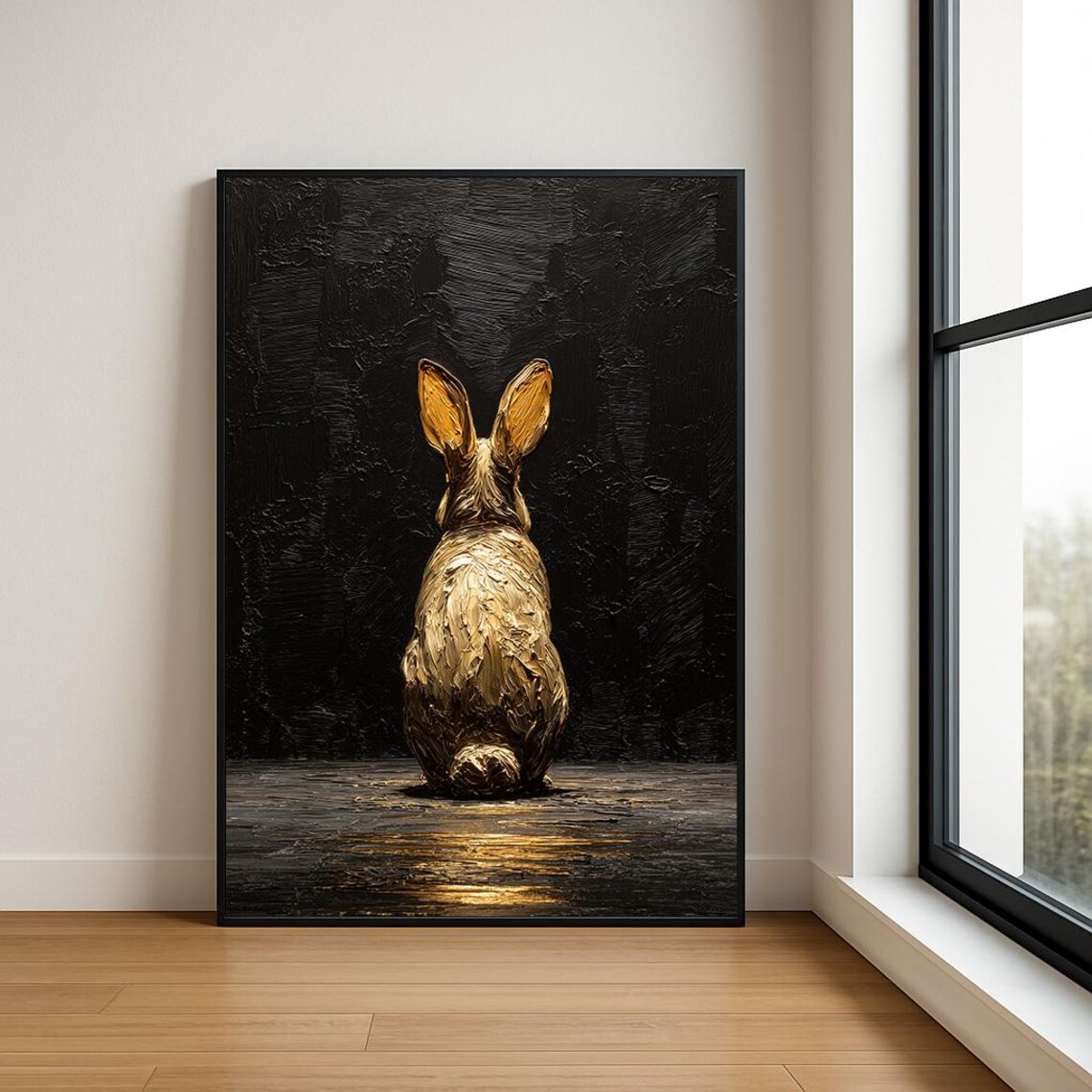 Golden Rabbit Sitting Black Background Textured Impasto Painting Wall Art