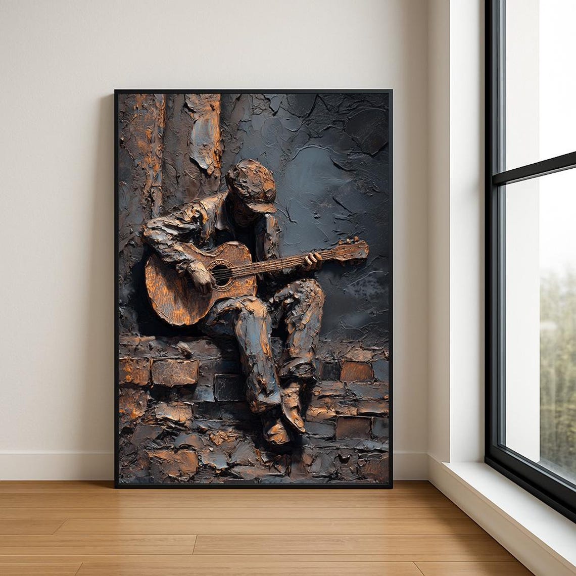 Bronze Street Musician Guitar Brick Wall Textured Oil Art Poster