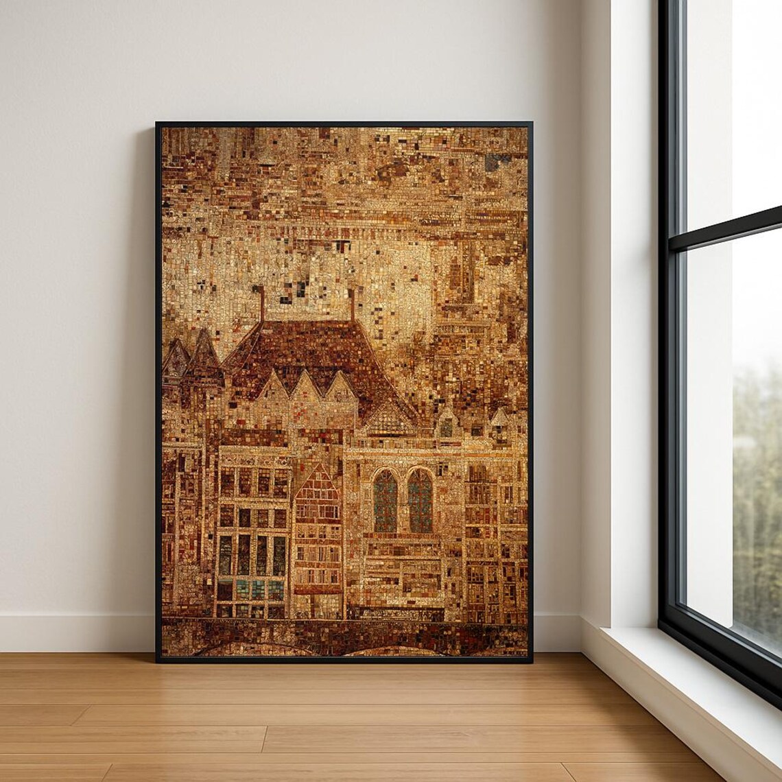 Golden Sepia Mosaic Historic European Old Town Landmark Art Poster