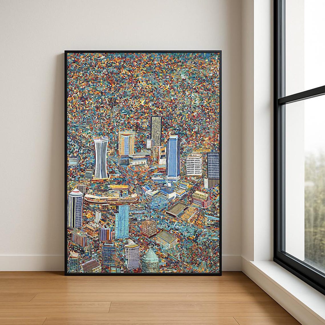 Aerial City Skyline Skyscrapers Pointillist Mosaic Abstract Art Poster