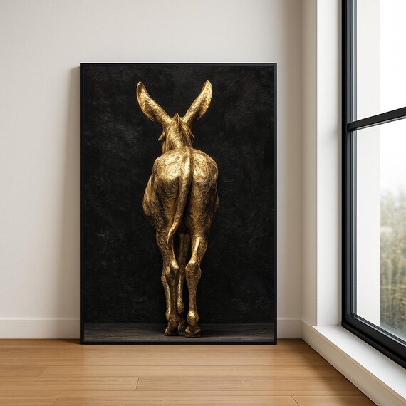 Golden Donkey Walking Away Black Background Textured Impasto Wall Art