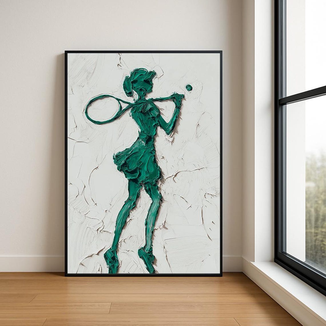 Emerald Tennis Player Serve Impasto White Textured Sports Poster