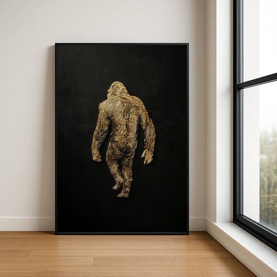 Golden Gorilla Walking Away Textured Oil Painting Black Background Poster
