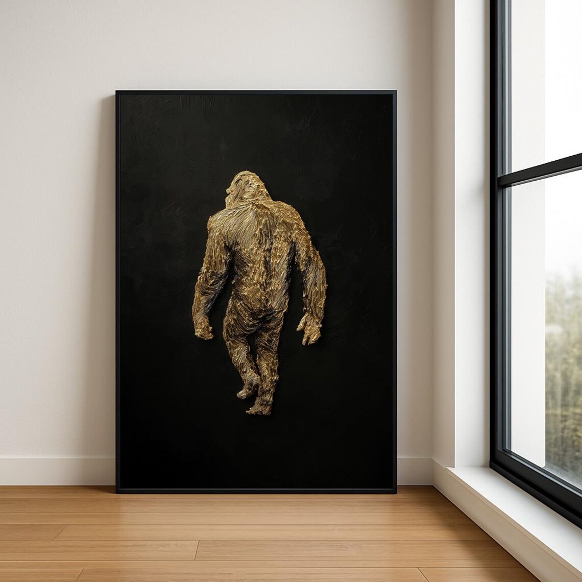 Golden Gorilla Walking Away Textured Oil Painting Black Background Poster